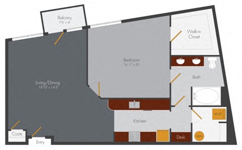 Floor plan for 1 bed, 1 bath, 909 sqft